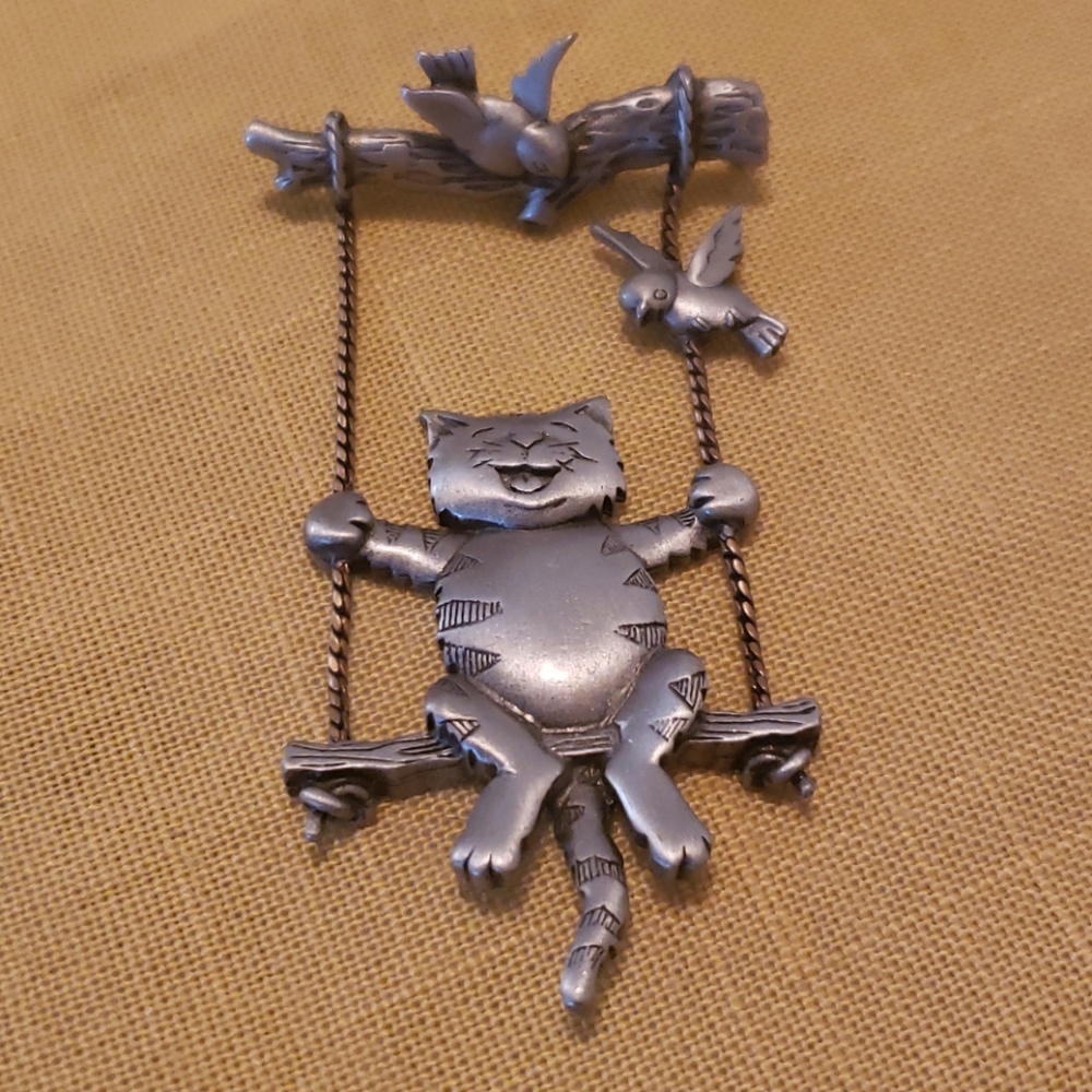 CAT ON A SWING PEWTER signed J.J. Brooch